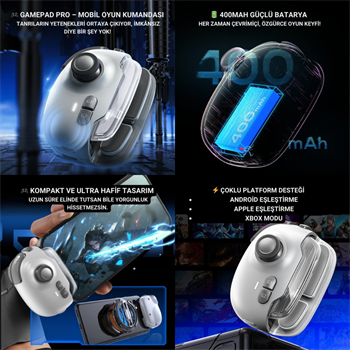 Polham iOS & Android Uyumlu Type-C Mobil Oyun Kolu | Pro Joystick | 400mAh Bataryalı Gamepad, Tak Çalıştır