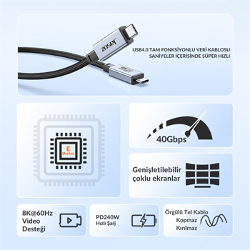 Polham Jasoz 1MT 240W 4.0 Thunderbolt Type-C to Type-C Şarj, Data ve 8K 60Hz Görüntü Aktarım Kablosu