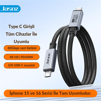 Polham Jasoz 1MT 240W 4.0 Thunderbolt Type-C to Type-C Şarj, Data ve 8K 60Hz Görüntü Aktarım Kablosu