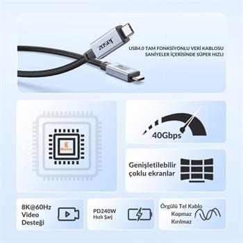 Polham Jasoz 2 Metre 240W 4.0 Thunderbolt Type-C to Type-C Şarj, Data ve 8K 60Hz Görüntü Aktarım Kablosu