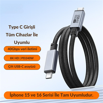 Polham Jasoz 2 Metre 240W 4.0 Thunderbolt Type-C to Type-C Şarj, Data ve 8K 60Hz Görüntü Aktarım Kablosu