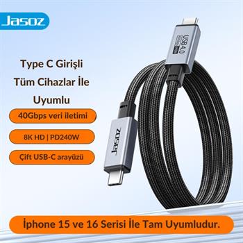 Polham Jasoz 2 Metre 240W 4.0 Thunderbolt Type-C to Type-C Şarj, Data ve 8K 60Hz Görüntü Aktarım Kablosu