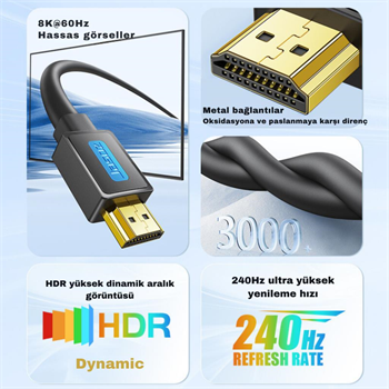 Polham Jasoz Altın Kaplama 1 Metre HD Series 120hz 8K HDMI to HDMI 2.1V HDMI Kablosu Görüntü Aktarım Kablosu