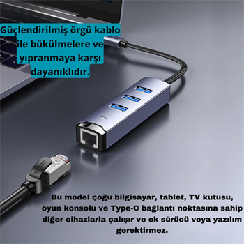 Polham Jazos 4in1 Type C to 1x 5Gbps RJ45 ve 3x USB Çoğaltıcı Okuyucu Adaptör, Klavye, Mouse Okuyucu