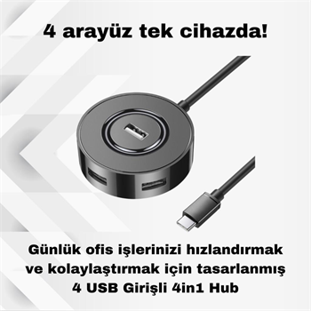 Polham Jazos 4in1 Type C to 4x USB 2.0 Çoğaltıcı Okuyucu Hup Adaptör, Klavye, Mouse, Yazıcı, USB Okuyucu