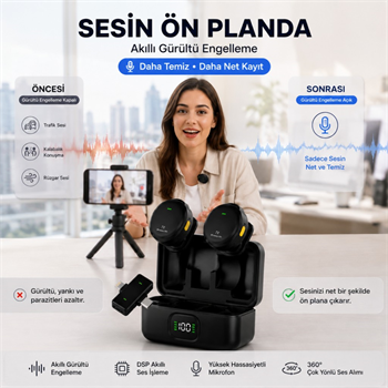 Polham Kablosuz Yaka Mikrofonu | 2.4GHz Gürültü Engelleme | 100 Metre Çekim | Şarj Kutulu | Type-C & Lightning