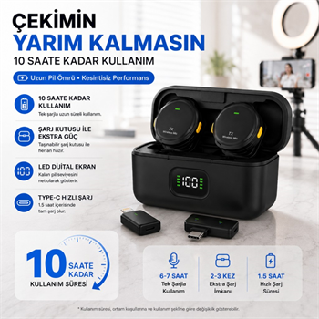 Polham Kablosuz Yaka Mikrofonu | 2.4GHz Gürültü Engelleme | 100 Metre Çekim | Şarj Kutulu | Type-C & Lightning