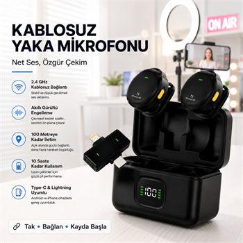 Polham Kablosuz Yaka Mikrofonu | 2.4GHz Gürültü Engelleme | 100 Metre Çekim | Şarj Kutulu | Type-C & Lightning