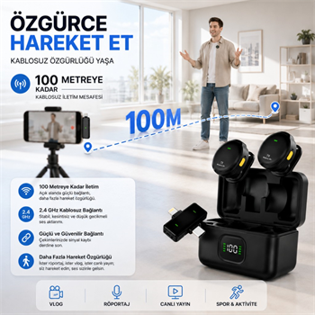 Polham Kablosuz Yaka Mikrofonu | 2.4GHz Gürültü Engelleme | 100 Metre Çekim | Şarj Kutulu | Type-C & Lightning