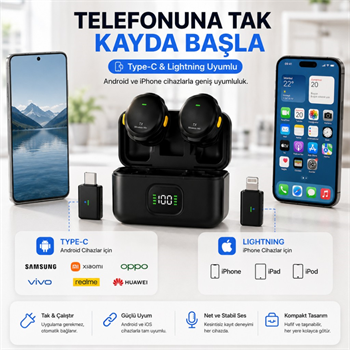Polham Kablosuz Yaka Mikrofonu | 2.4GHz Gürültü Engelleme | 100 Metre Çekim | Şarj Kutulu | Type-C & Lightning