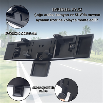 Polham Kavisli Ultra Geniş Araç İçi Dikiz Aynası | Ekstra Yan ve Kör Nokta Aynalı, Tüm Araçlara Uyumlu