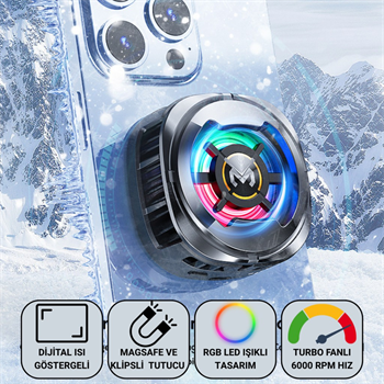 Polham MagSafe Uyumlu Telefon Soğutucu – Dijital Isı Göstergeli, RGB LED Işıklı, Turbo Fanlı 6000 RPM, Klipsli Tutucu