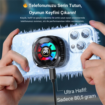 Polham MagSafe Uyumlu Telefon Soğutucu – Dijital Isı Göstergeli, RGB LED Işıklı, Turbo Fanlı 6000 RPM, Klipsli Tutucu