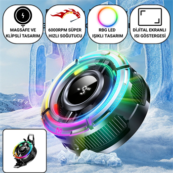 Polham Magsafe ve Klipsli RGB LED Süper Soğutucu | 6000RPM Ultra Hızlı Fan | Dijital Ekranlı Isı Göstergeli