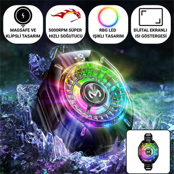 Polham MagSafe ve Klipsli Süper Hızlı Telefon Soğutucu | 5000RPM, RGB LED, Dijital Isı Göstergeli