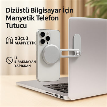 Polham Manyetik Telefon Tutucu | Laptop, Araba Ekranı ve Monitör Uyumlu – Güçlü Mıknatıs, İz Bırakmayan Yapışkan, Katlanabilir Alüminyum