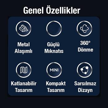 Polham Metal Araç İçi Torpido Üstü Magsafeli Telefon Tutucu, 360 Derece Dönen Katlanabilir Tutucu