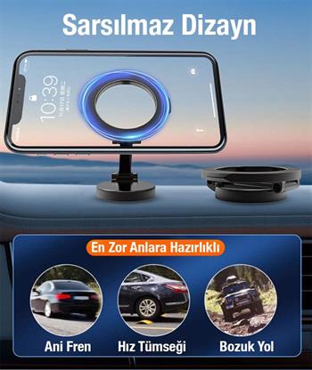 Polham Metal Araç İçi Torpido Üstü Magsafeli Telefon Tutucu, 360 Derece Dönen Katlanabilir Tutucu