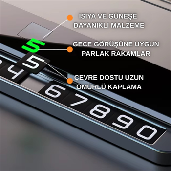 Polham Metal Ultra Şık Araç İçi Geçici Park Numaratörü, Gizlenebilir, Manyetik ve Fosforlu Numaratör