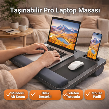 Polham Minderli Bilek Destekli Telefon Tutuculu Mouse Padli Taşınabilir Laptop Masası – Dizüstü Çalışma Sehpası