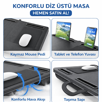 Polham Minderli Bilek Destekli Telefon Tutuculu Mouse Padli Taşınabilir Laptop Masası – Dizüstü Çalışma Sehpası