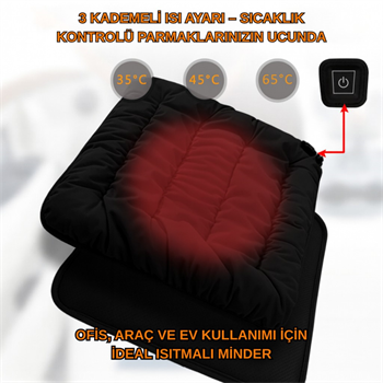 Polham Nano Isıtmalı Koltuk Minderi | 3 Kademeli 35°-45°-65° | Ofis, Ev, Araç Uyumlu Isıtıcı Minder, 42×42 CM