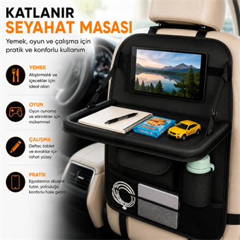 Polham Oto Koltuk Arkası Tablet Bölmeli Organizer, Katlanabilir Seyahat Masası, Çok Bölmeli Araç İçi Düzenleyici