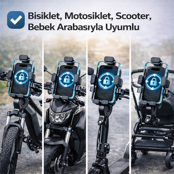 Polham Otomatik Kilit Sistemli Sarsılmaz Düşmez Gidon Uyumlu Bisiklet, Motosiklet Telefon Tutucu 