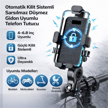 Polham Otomatik Kilit Sistemli Sarsılmaz Düşmez Gidon Uyumlu Bisiklet, Motosiklet Telefon Tutucu 