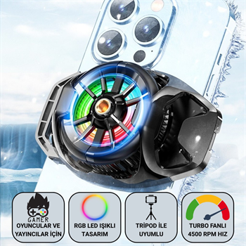 Polham Oyuncular ve Yayıncılar İçin Telefon Soğutucu | RGB LED Işıklı Tasarım | 4500 RPM Turbo Fan | Tripod Uyumlu Sessiz Soğutma