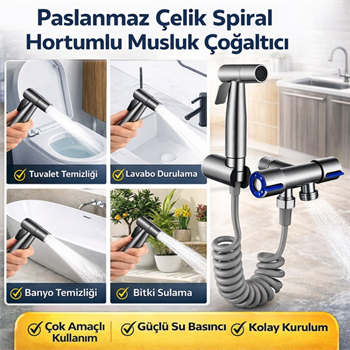 Polham Paslanmaz Çelik Spiral Hortumlu Musluk Çoğaltıcı – Çift Çıkışlı, Sprey Başlıklı, Banyo Tuvalet Lavabo Temizlik Seti