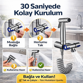 Polham Paslanmaz Çelik Spiral Hortumlu Musluk Çoğaltıcı – Çift Çıkışlı, Sprey Başlıklı, Banyo Tuvalet Lavabo Temizlik Seti