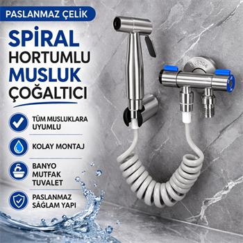 Polham Paslanmaz Çelik Spiral Hortumlu Musluk Çoğaltıcı – Çift Çıkışlı, Sprey Başlıklı, Banyo Tuvalet Lavabo Temizlik Seti