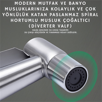 Polham Paslanmaz Çelik Spiral Hortumlu Musluk Çoğaltıcı Tüm Musluklara Uyumlu, Banyo, Tuvalet, Mutfak