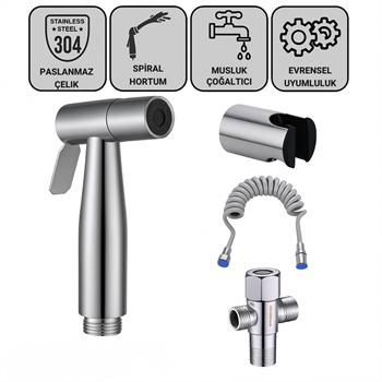 Polham Paslanmaz Çelik Spiral Hortumlu Musluk Çoğaltıcı Tüm Musluklara Uyumlu, Banyo, Tuvalet, Mutfak