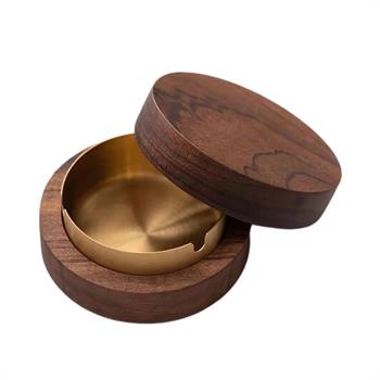 Polham Paslanmaz Çelik Yuvarlak Ultra Şık Küllük, Kapaklı Ceviz Ağacı Paslanmaz Çelik Kül Tablası