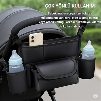 Polham Pratik 8 Bölmeli Çok Fonksiyonlu Bebek Arabası İçin Organizer Çanta, Biberen, Bez, Telefon Tutucu Çanta