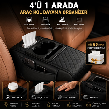 Polham Premium Araç Kol Dayama Organizeri Telefonluk, Bardaklık Saklama Bölmeli ve Peçetelik Organizer