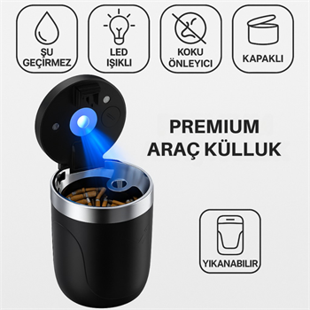 Polham Premium Araç Küllük,Su Geçirmez, Led Işıklı, Koku Önleyici, Kapaklı, Yıkanabilir, Su Geçirmez