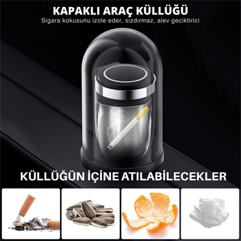 Polham Premium Araç Küllük,Su Geçirmez, Led Işıklı, Koku Önleyici, Kapaklı, Yıkanabilir, Su Geçirmez