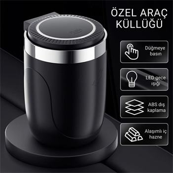 Polham Premium Araç Küllük,Su Geçirmez, Led Işıklı, Koku Önleyici, Kapaklı, Yıkanabilir, Su Geçirmez