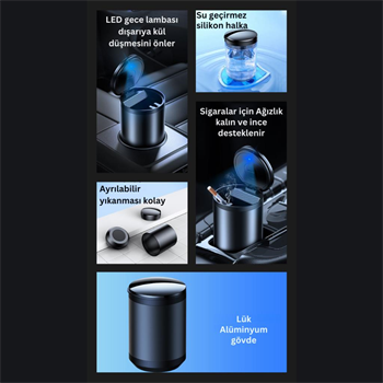 Polham Premium Led Işıklı Kapaklı Araç İçi Küllük, Yıkanabilir, Koku Önleyici Sigara Tutuculu Küllük