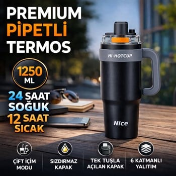 Polham Premium Pipetli Termos 1250 ML – 6 Katman Yalıtım, Çift İçim Modu, Sızdırmaz Kapak, 24 Saat Soğuk / 12 Saat Sıcak