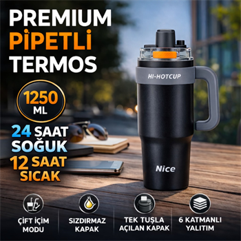 Polham Premium Pipetli Termos 1250 ML – 6 Katman Yalıtım, Çift İçim Modu, Sızdırmaz Kapak, 24 Saat Soğuk / 12 Saat Sıcak
