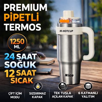 Polham Premium Pipetli Termos 1250 ML – 6 Katman Yalıtım, Çift İçim Modu, Sızdırmaz Kapak, 24 Saat Soğuk / 12 Saat Sıcak