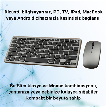 Polham Premium Slim Süper Sessiz Klavye ve Mouse Seti, Telefon, Tablet, PC, TV Uyumlu Klavye Seti