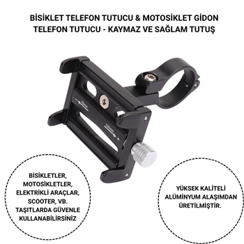 Polham Pro Seri Gidon Uyumlu Motorsiklet Telefon Tutucu, Bisiklet, Scooter Uyumlu Sıkıştırmalı Tutucu