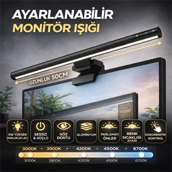 Polham Profesyonel 50 CM Ayarlanabilir LED Monitör Işığı, Göz Korumalı Renk Sıcaklığı Ayarlı Alüminyum Monitör Lambası