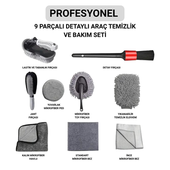 Polham Profesyonel 9 Parçalı Araba, Motorsiklet İçin Detaylı  Araç Temizlik ve Bakım Seti, İç ve Dış Bakım Seti