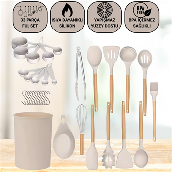 Polham Profesyonel Tam Set 33 Parça BPA İçermez Ahşap Saplı Slikon Mutfak Servis Seti, Servis ve Kevir Seti